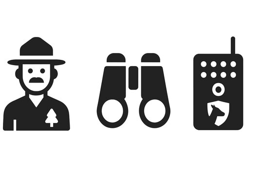 Wildlife conservation solid icon set. Glyph icons of forest ranger, park guard, binoculars, and wildlife camera trap for nature observation, surveillance, and animal protection.