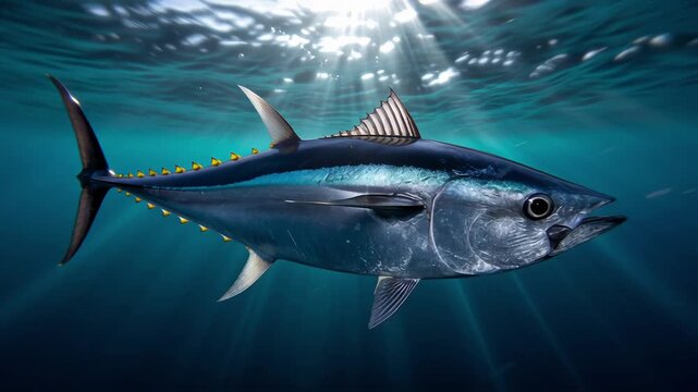 A vibrant, underwater image of a tuna fish swimming, displaying its sleek body and distinctive features.