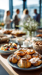 Delicious pastries and fruit platters served at a business event or conference, with people talking in the background.
