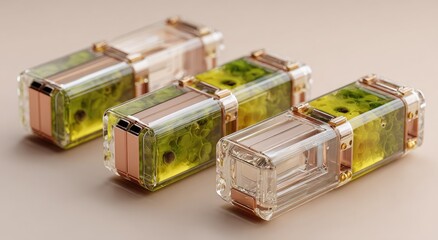 Three futuristic, rectangular perfume bottles, translucent, with gold accents and internal floral designs, sit on a light beige surface