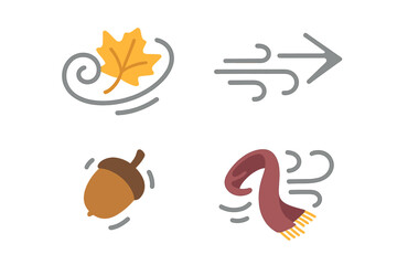 Windy autumn weather icon set. Flat vector illustration of fall season symbols. Swirling maple leaf, wind gust arrow, falling acorn, flying scarf. Seasonal design elements.