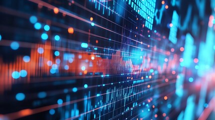 Abstract data visualization, showing lines, graphs, and numbers