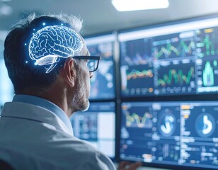 Scientist Analyzing Brain Data on Monitors
