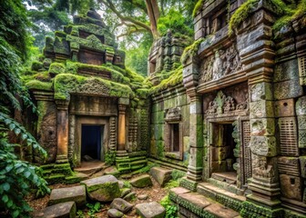 Ancient stone structure hidden beneath dense foliage
