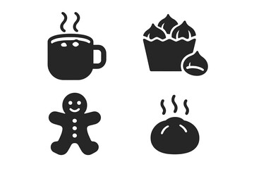 Winter food solid icon set. Glyph symbols of seasonal food and drinks. Hot chocolate, roasted chestnuts, gingerbread man cookie, steaming bun. Cozy Christmas holiday vector elements.