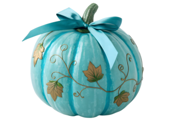 A light blue pumpkin with a ribbon and gold leaf accents on a transparent background in studio shot