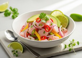 Ceviche with avocado, lime and chili &mdash; fresh seafood salad in white bowl