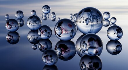 Abstract Transparent Spheres with Blue Fluid and Smoke Reflections on Dark Surface