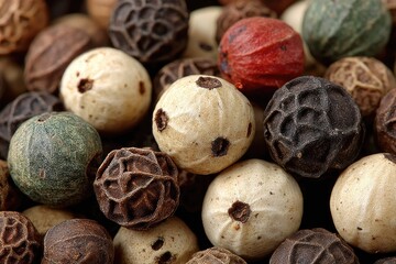 Close-up of various peppercorns