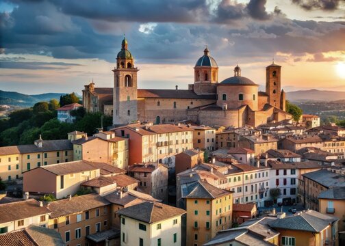 Panoramic view of Ripatransone city skyline at sunset with medieval architecture and towers