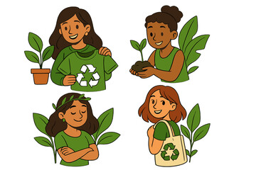Eco friendly women character set showing sustainable fashion and green lifestyle. Girl planting a sprout, using a reusable tote bag, and wearing a recycle shirt. Vector illustration.