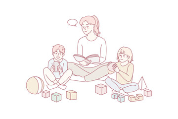 Happy young mother relax together with small kids at home. Mom or nanny rest with little children indoors. Childhood and parenthood. Vector illustration.