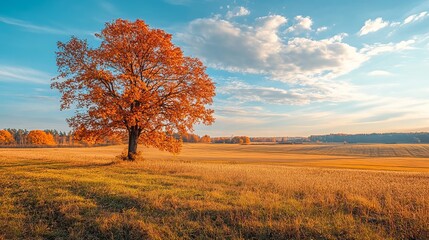 Autumnal tree in golden field under a vibrant sky