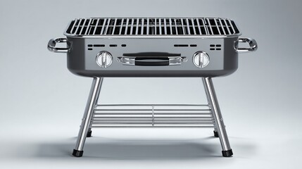 Sleek, rectangular, portable gas grill with stainless steel construction, featuring a grilling grate, control knobs, side handles, and a lower shelf