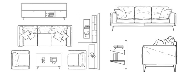 CAD-style line drawing of living room furniture including sofas, armchairs, coffee tables, and shelves, shown in top and side views, minimal vector illustration for architectural plans and interior de