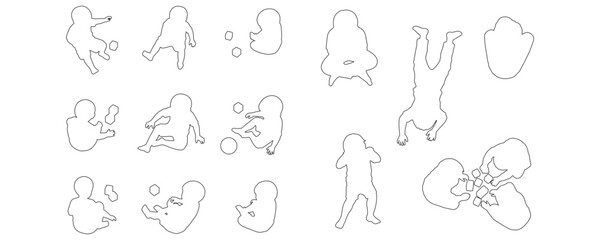 Minimal CAD-style outline drawings of children playing, sitting, crawling, and interacting with toys viewed from above in top perspective vector illustration