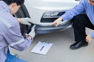 Garage small business or car insurance, Mechanic discussing auto repair details with customer, professional service consultation representing trust, technical explanation and client relationship