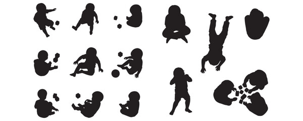 CAD-style minimal top view silhouette vector drawings of children playing and sitting on the floor in various poses for architectural plans and design illustrations