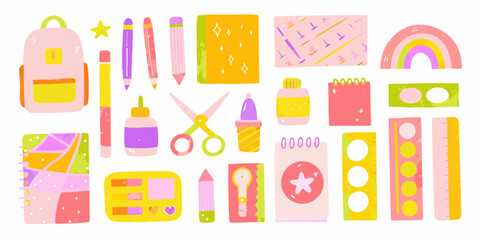 Colorful Hand Drawn School Supplies and Stationery Items Illustration on White