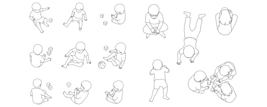 CAD-style minimal line drawings of children playing and sitting on the floor, shown from above in top perspective view, vector illustration for architectural layouts and educational design projects