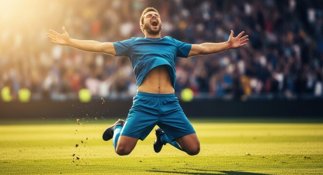 Happy football player celebrating goal, jumping on green grass stadium field with open arms and screaming. Sport event on sunny day.