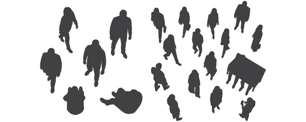 CAD-style top view silhouette vector drawings of people walking, standing, and sitting in multiple poses for architectural floor plans and design projects