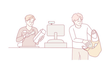 Man buying groceries in supermarket. Cashier beep sell products to male client in store. Consumerism and shopping. Vector illustration.