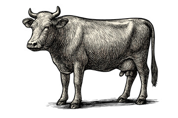 Cow sketch vector illustration in a vintage woodcut engraving style. Farm animal, cattle for beef or dairy. Detailed black and white drawing isolated on a background.