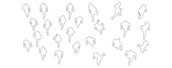 Minimal CAD-style top view outline drawings of people running and jogging, viewed from above in aerial perspective vector illustration