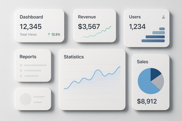 Minimalist business dashboard interface with analytics widgets including charts, graphs, and statistics on light grey background. Ai generative. Ai generative