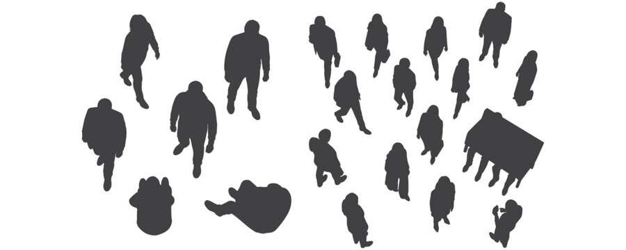 CAD-style top view silhouette vector drawings of people walking, standing, and sitting in multiple poses for architectural floor plans and design projects