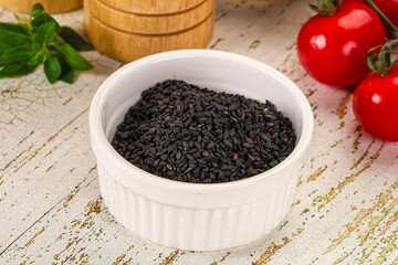 Black sesame seeds in the bowl