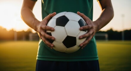 Young man holding soccer ball on lush green field at sunset. Football player ready for training. Sports and healthy lifestyle.