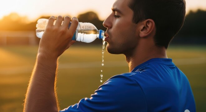 Male football player hydrating with water bottle. Thirsty man drinking after game. Refreshment on sunny day for sport lifestyle.