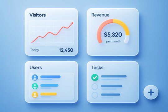 Modern 3D-style dashboard UI with visitors, revenue, users, and task metrics on soft blue background for data analysis and management concept. Ai generative