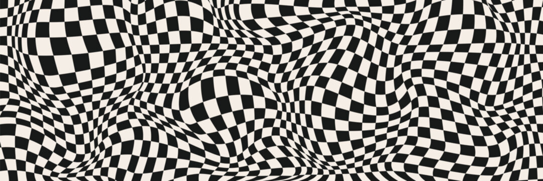 Trippy spiral checkerboard. Retro psychedelic background. Wavy groovy chessboard surface. Distorted optical pattern