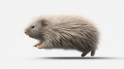 Fluffy white hedgehog in mid-jump against white background