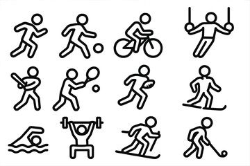 Sport icon collection. Vector line icons set of athletic activities. Running, soccer, cycling, gymnastics, baseball, tennis, football, skiing, swimming, weightlifting, hockey.