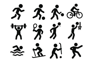 Sport icons set. People activities pictograms. Man playing football, basketball, tennis, swimming, cycling, weightlifting, skiing, hockey. Vector athlete silhouette symbol.
