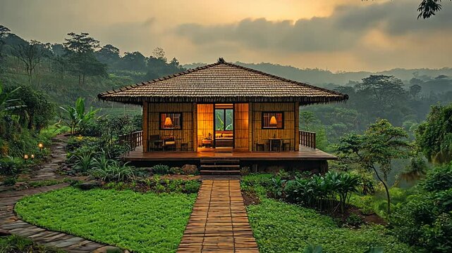 A cozy bamboo hut nestled in a lush tropical jungle offers a peaceful retreat at sunset.