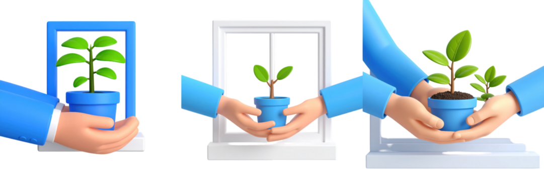 3D Rendered Hands In Blue Sleeves Placing Potted Green Plant On White Window Sill With Transparent Background