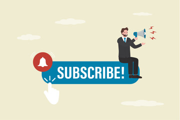 Social media marketing and increasing subscribers concept. Call to action in online advertising, attention message for users. Businessman uses loudspeaker tells his audience news.