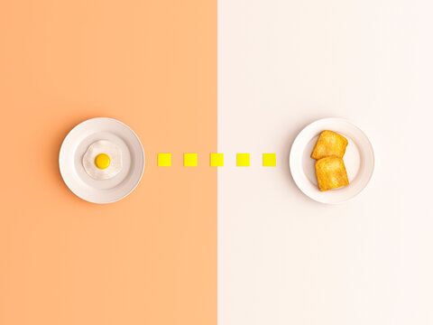 Fried egg and toast symbolically connected as a breakfast team in 3d render