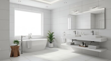Fototapeta premium Modern Bathroom Interior with Freestanding Bathtub, Double Sink Vanity, White Tiles, and Large Window