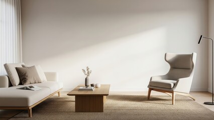 Minimalist modern living room interior with natural light, neutral tones, and Scandinavian-inspired furniture