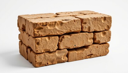 Fototapeta premium a futuristic nature inspired modular brick built using cork composite, showcasing stone like rugged face, formed as rectangular classic form, with integrated rainwater channels