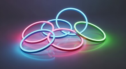Abstract Vibrant Interlocking Neon Rings with Glowing Lights on Dark Background