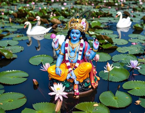 Lord Vishnu Meditating Amidst Lotus Flowers and Swans.