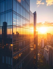 Obraz premium Golden Hour Reflections: Modern Glass Skyscrapers Bathed in Sunset Light