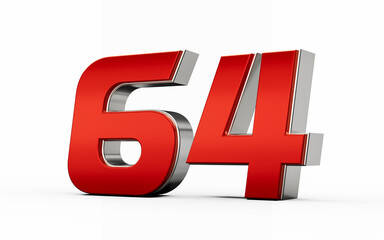 Metallic Red number 64 or Sixty four with silver edges stands on a white background. 3d illustration